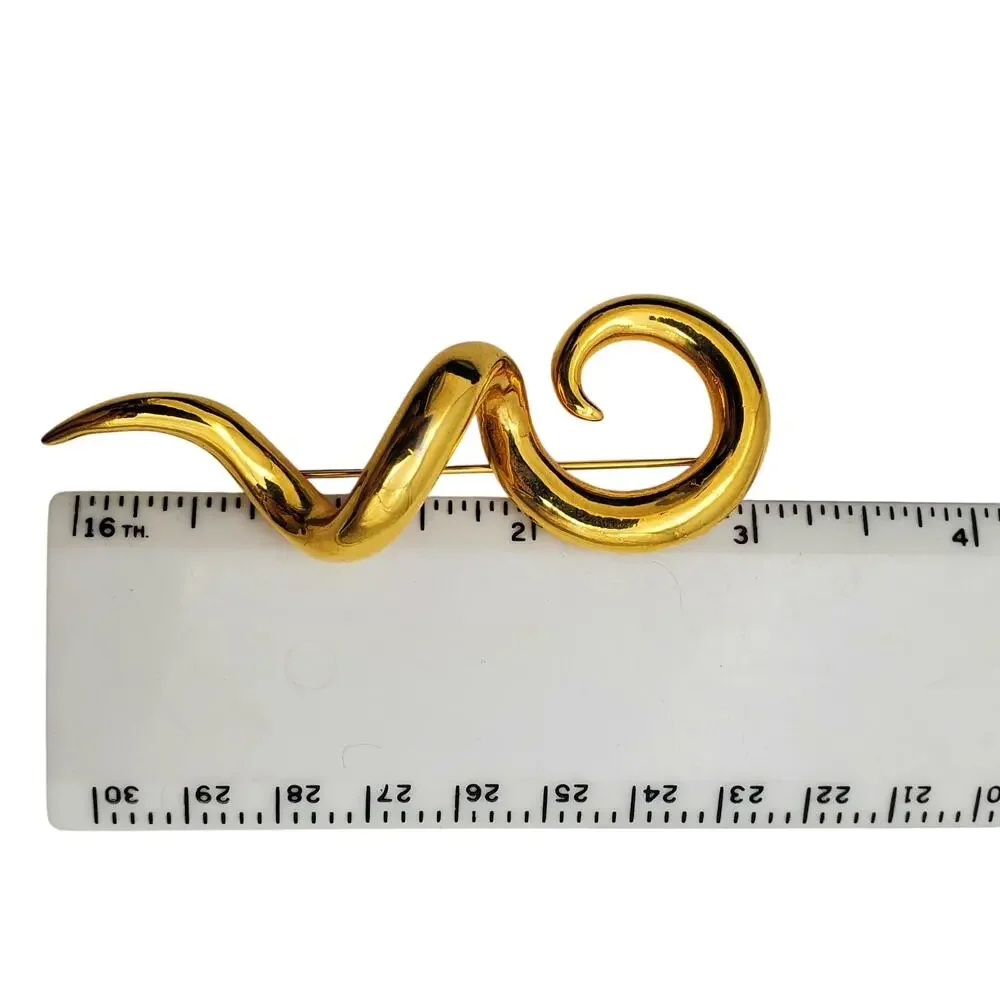 Gold Tone Abstract Swirl Brooch 1980s Modernist Pin Sculptural Statement Vintage